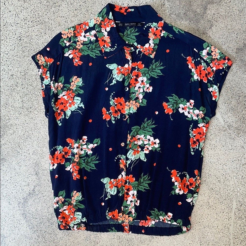 Zara Navy Floral Print Button Down Top - Small